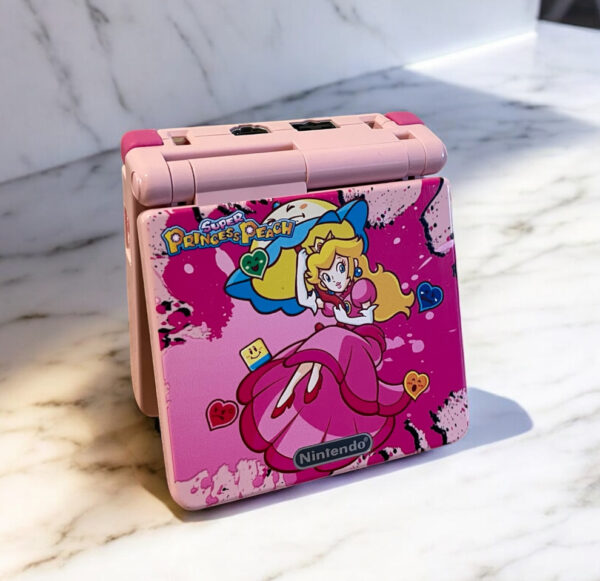 Nintendo GameBoy Advance SP Console Customised Princess Peach IPS V5 Screen. Complete with Custom Matching Box and Accessories.