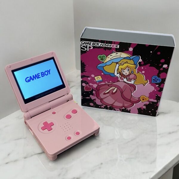 Nintendo GameBoy Advance SP Console Customised Princess Peach IPS V5 Screen. Complete with Custom Matching Box and Accessories.