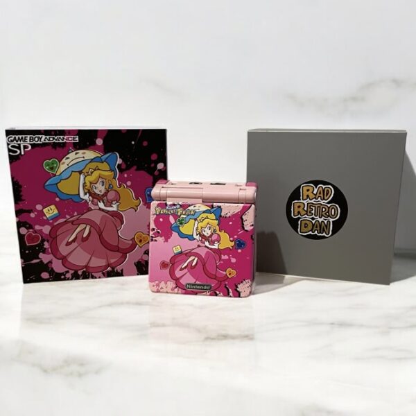 Nintendo GameBoy Advance SP Console Customised Princess Peach IPS V5 Screen. Complete with Custom Matching Box and Accessories.